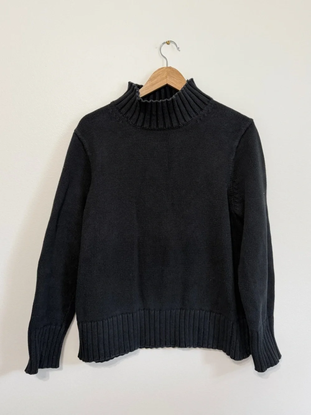 J. CREW Black Cotton Mock Neck Rollneck Boxy Sweater Size XL Chunky Knit